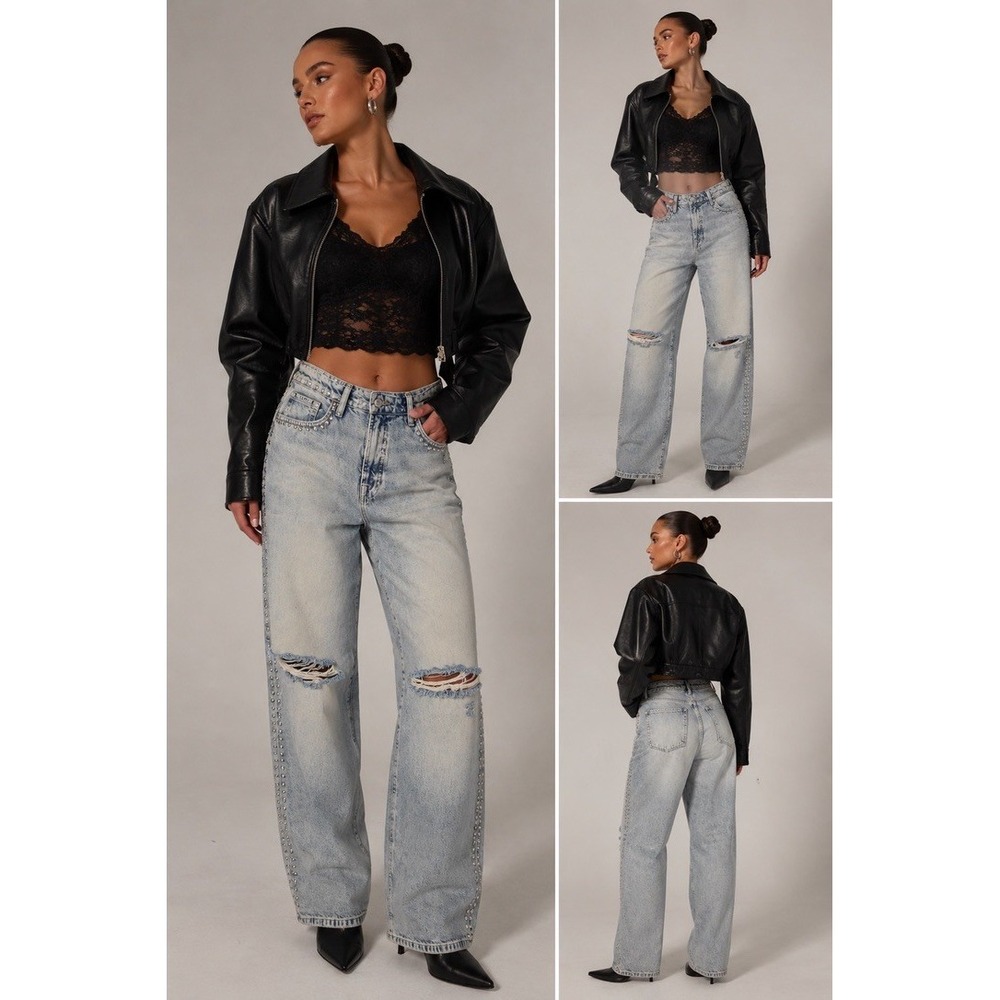 Good American Good Ease Studded Wide Leg Jeans 12/31 Distressed